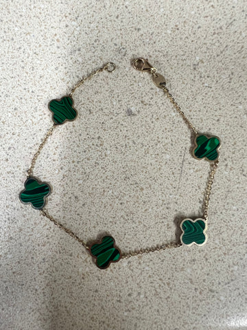 14K yellow gold malachite clover bracelet