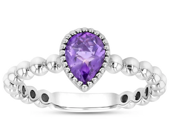 14K White Gold Pear Shape Amethyst Bead Ring