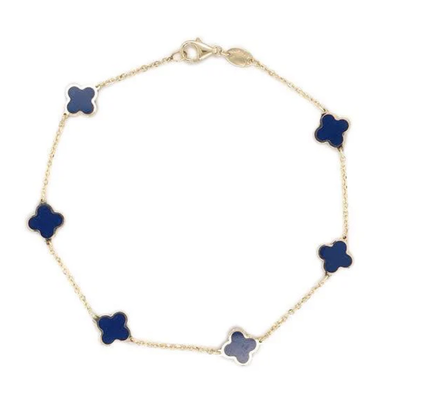 14K Yellow Gold Lapis Clover Station Bracelet