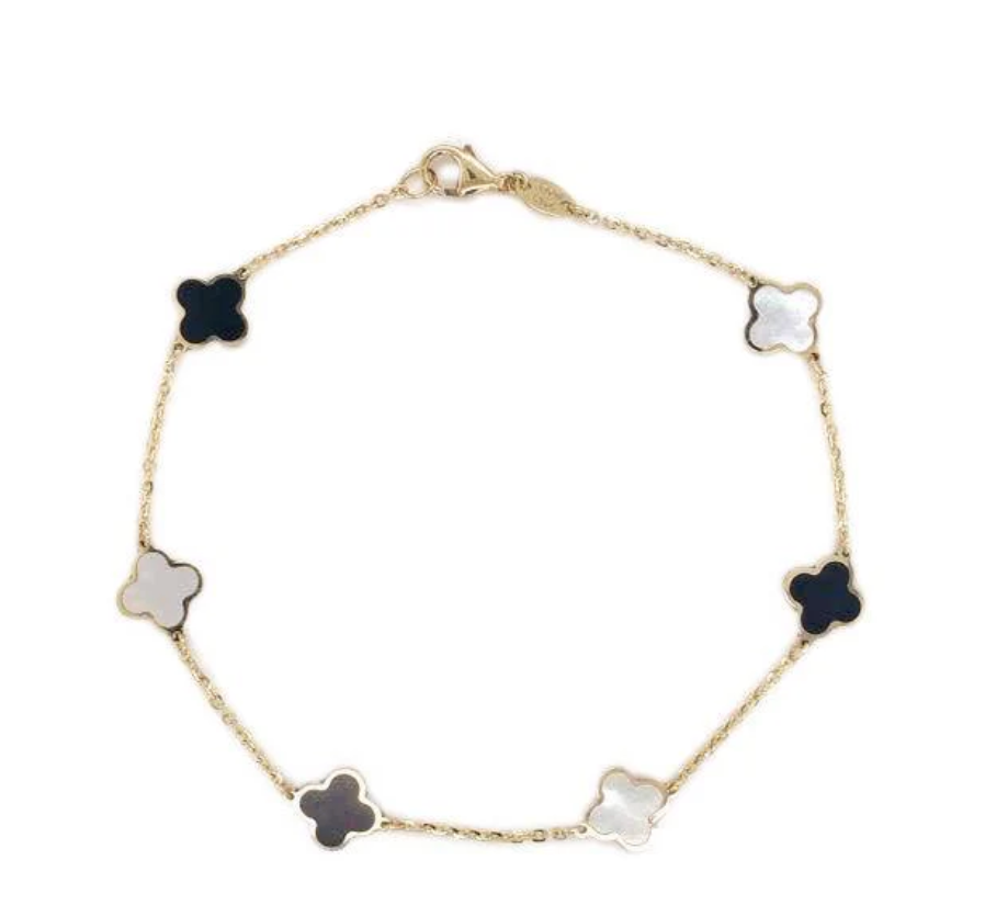 14K yellow gold Onyx & Mother of Pearl Clover Bracelet