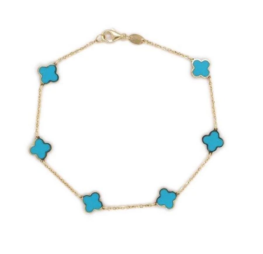 14K Yellow Gold Turquoise Clover Station Bracelet