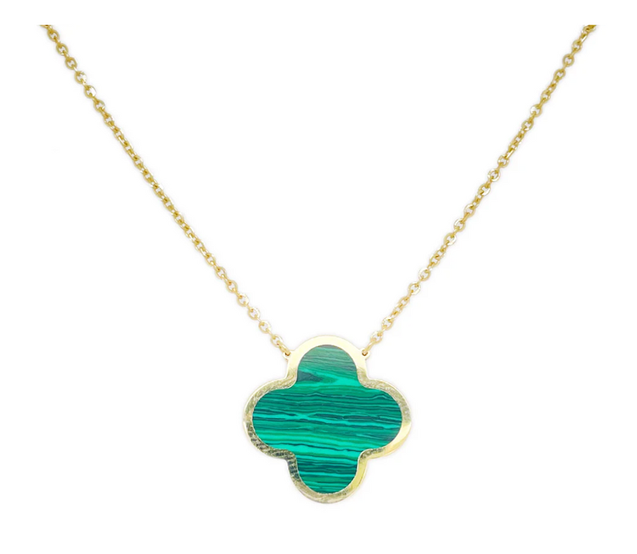 14K Yellow Gold Malachite Clover Pendant 16-18