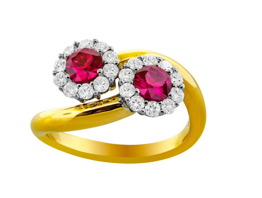 18K Yellow & White Gold Ruby & Diamond Halo Bypass Ring