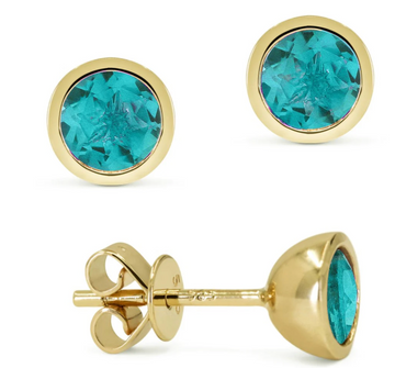 14k yellow gold Created Pariba green stone bezel set stud earring, 5mm