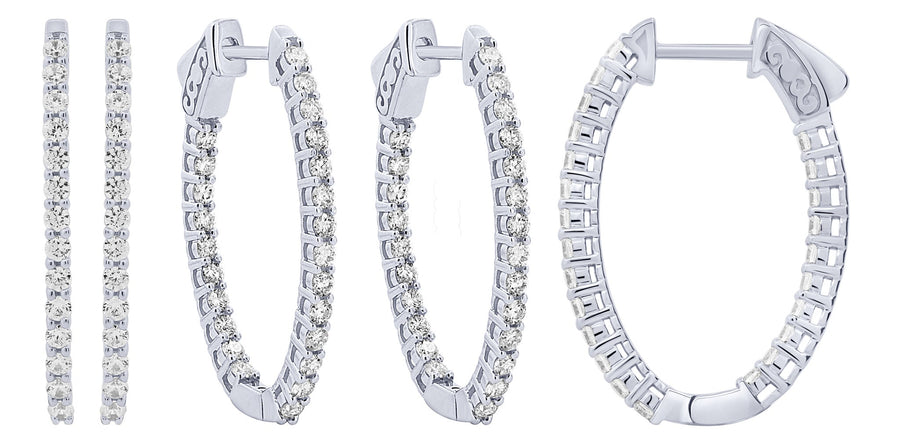 14K white gold inside/outside oval diamond hoop earrings