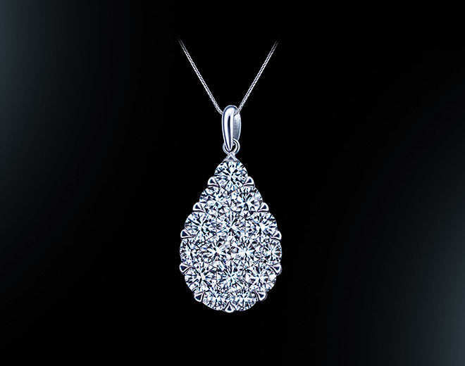18K white gold pear shape diamond cluster pendant necklace f...