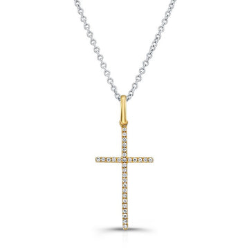 18K white and yellow gold diamond cross pendant necklace