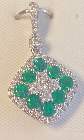 14K white gold diamond and emerald pendant