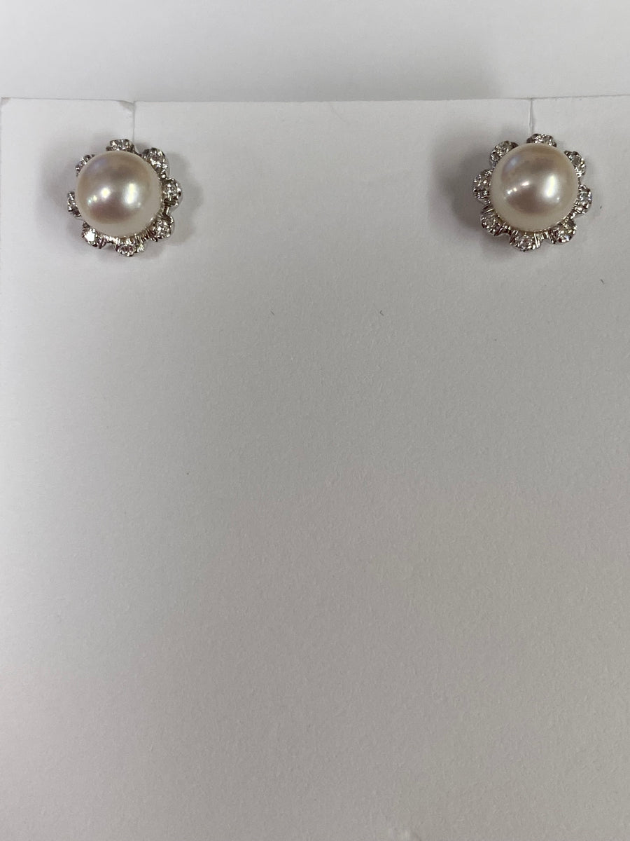 14K white gold 6mm Fresh Water Cultured Pearl and Diamond Earrings