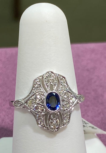 14K white gold diamond and sapphire ring