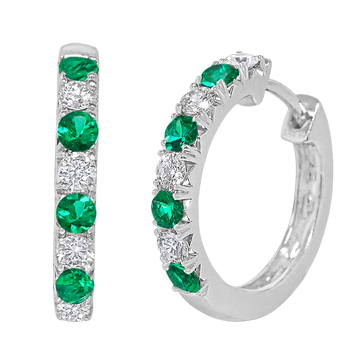 18K white gold diamond and emerald huggie style earrings