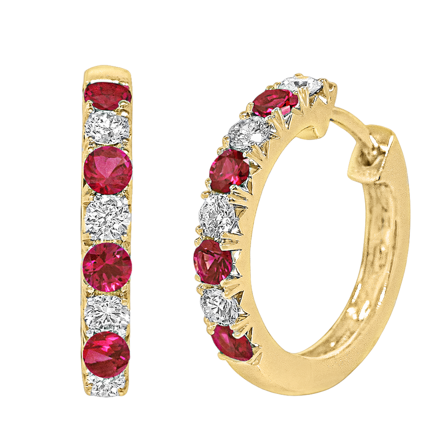 18K yellow gold diamond and ruby huggie style earrings